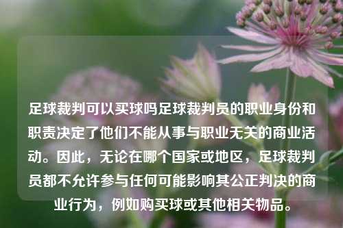 足球裁判可以买球吗足球裁判员的职业身份和职责决定了他们不能从事与职业无关的商业活动。因此，无论在哪个国家或地区，足球裁判员都不允许参与任何可能影响其公正判决的商业行为，例如购买球或其他相关物品。