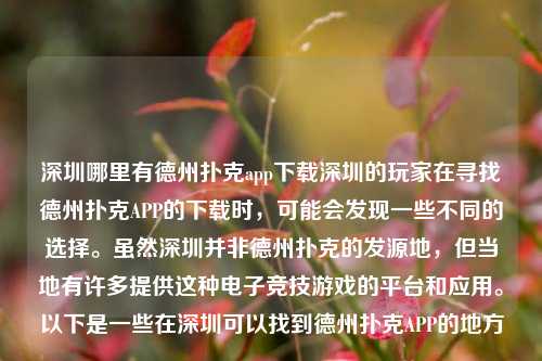 深圳哪里有德州扑克app下载深圳的玩家在寻找德州扑克APP的下载时，可能会发现一些不同的选择。虽然深圳并非德州扑克的发源地，但当地有许多提供这种电子竞技游戏的平台和应用。以下是一些在深圳可以找到德州扑克APP的地方。