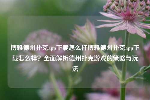 博雅德州扑克app下载怎么样博雅德州扑克app下载怎么样？全面解析德州扑克游戏的策略与玩法