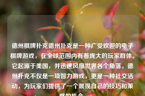 德州棋牌扑克德州扑克是一种广受欢迎的电子棋牌游戏，在全球范围内有着庞大的玩家群体。它起源于美国，并迅速风靡世界各个角落。德州扑克不仅是一项智力游戏，更是一种社交活动，为玩家们提供了一个展现自己的技巧和策略的机会。